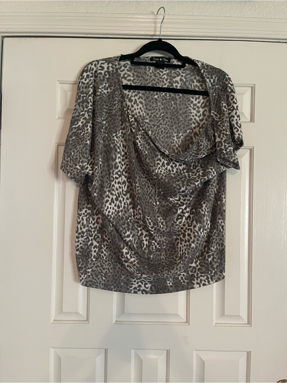 Twisted Tees Gray Leopard Print , off shoulder draped Women's Top
